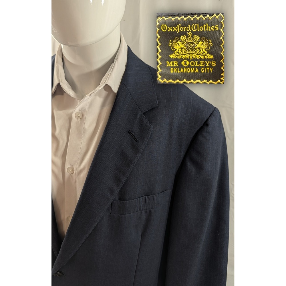 Vintage Oxxford Clothing Blazer Suit Jacket Wool Navy Blue Self Strip 44R‎ 48"